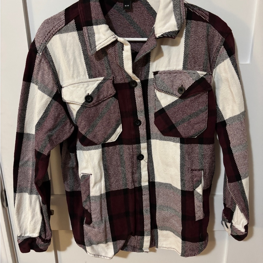 Plaid Button Down Shirt - Burgundy and White